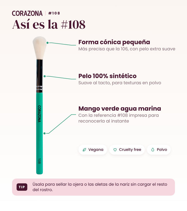Brocha cónica para iluminador #108 CORAZONA - infografía detalles