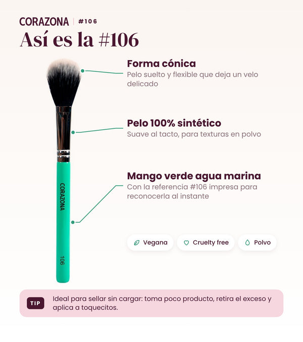 Brocha cónica para polvos #106 CORAZONA - infografía detalles