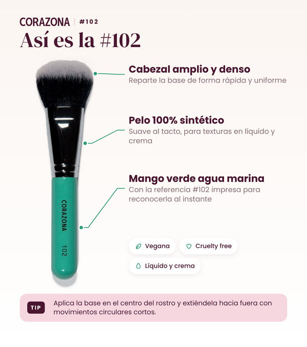 Brocha para base de maquillaje #102 CORAZONA - infografía detalles