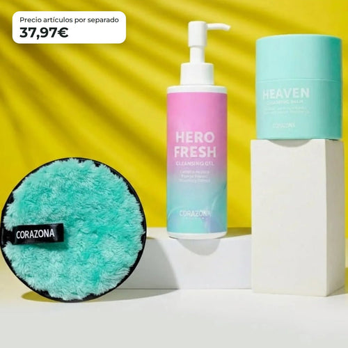Double Cleansing Skincare Pack – Heaven Balm, Hero Fresh Gel & Reusable Pad - CorazonaBeauty