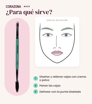 Pincel biselado y cepillo para cejas #205 CORAZONA - infografía para qué sirve