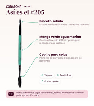 Pincel biselado y cepillo para cejas #205 CORAZONA - infografía detalles